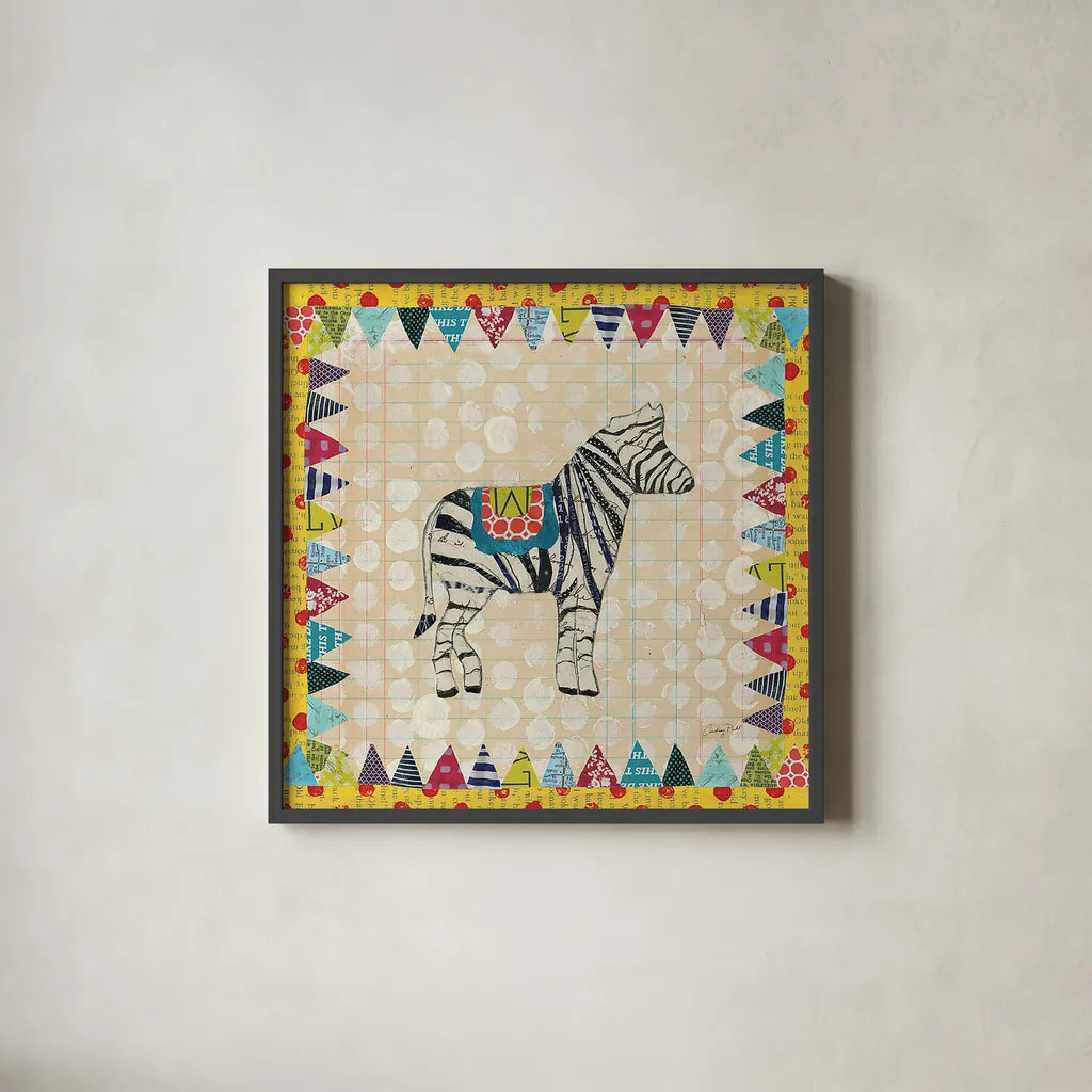 Circus Fun I by Courtney Prahl. Shown in a sleek black glass frame for a contemporary gallery look. Available as an archival giclee rolled canvas, fine art paper, or poster print. SKU 34065a.