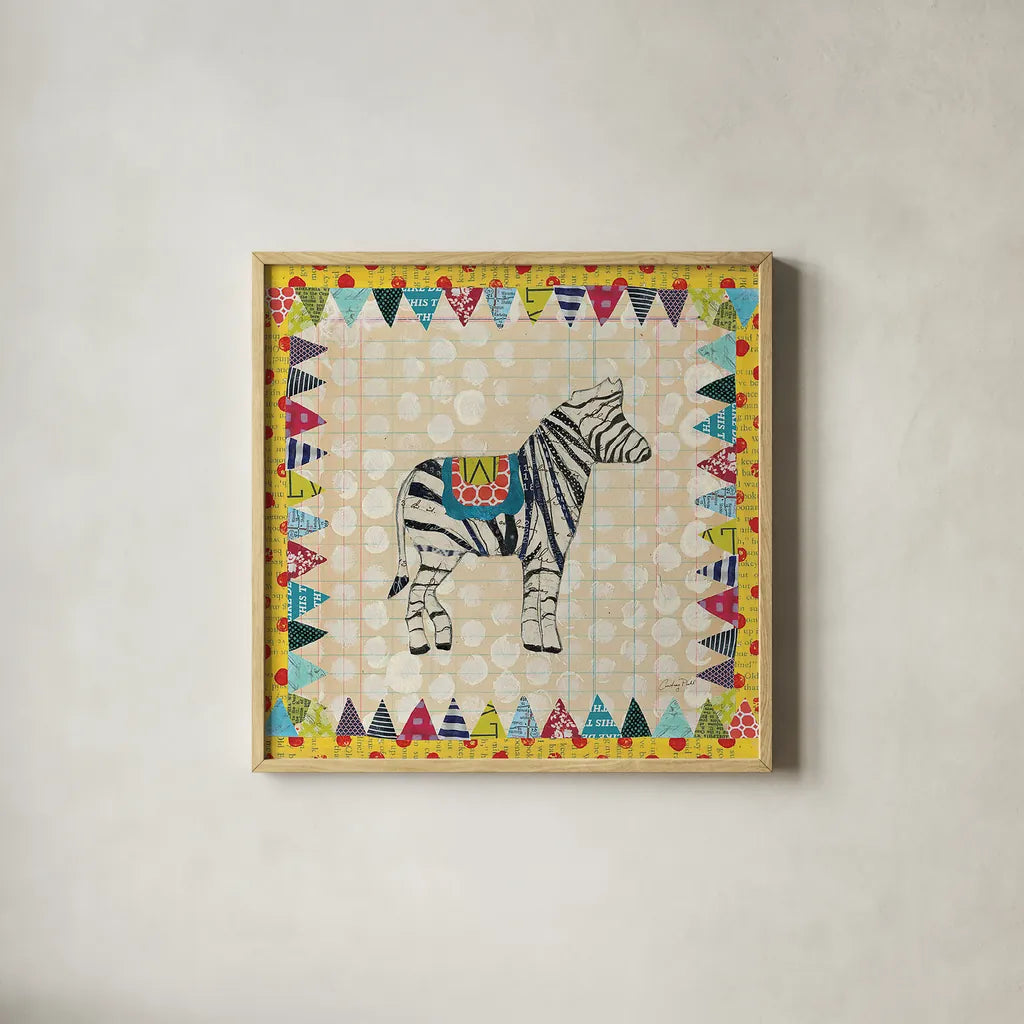 Circus Fun I by Courtney Prahl. Shown in a natural wood glass frame for a timeless modern aesthetic. Available as an archival giclee rolled canvas, fine art paper, or poster print. SKU 34065a.