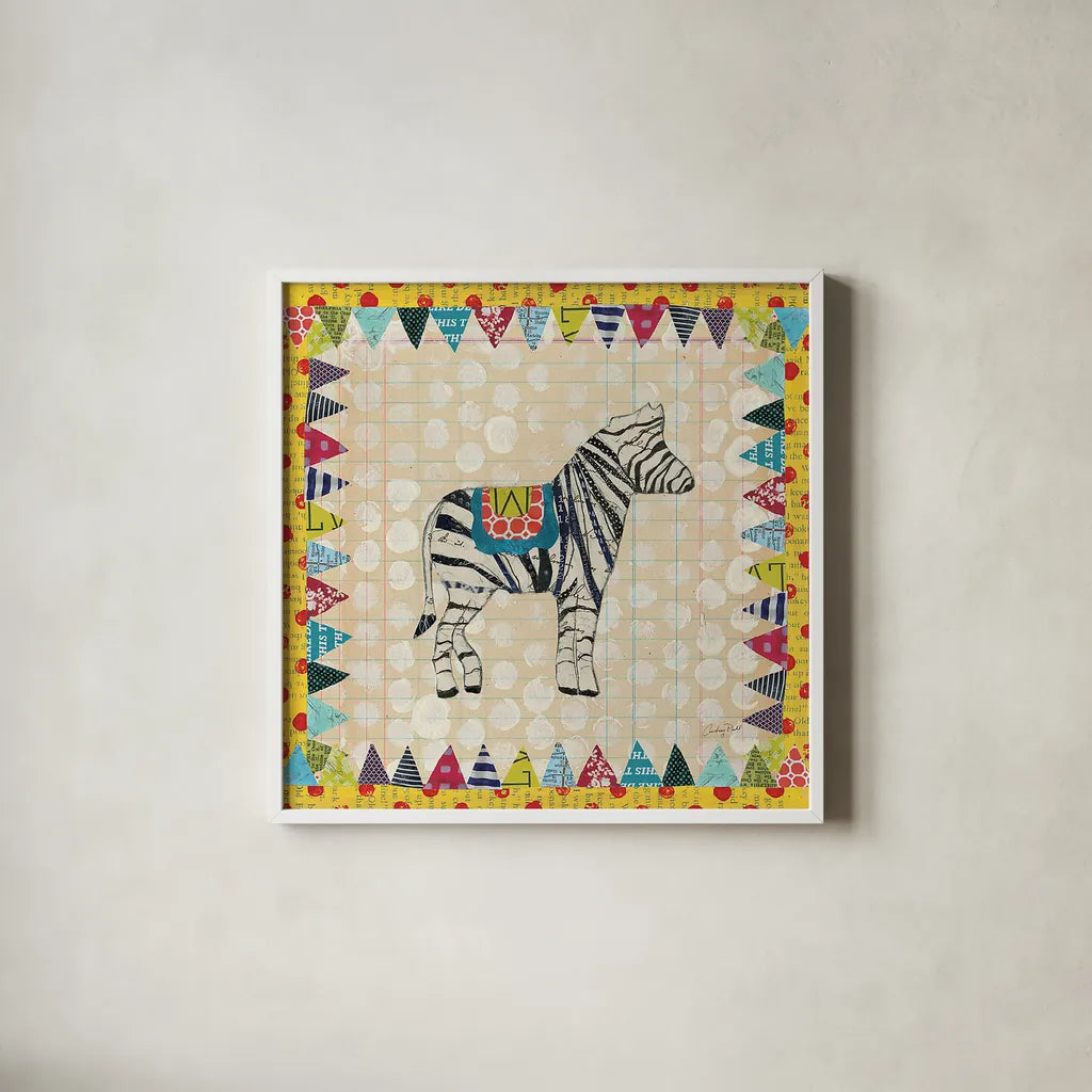 Circus Fun I by Courtney Prahl. Shown in a crisp white glass frame for a clean and minimalist style. Available as an archival giclee rolled canvas, fine art paper, or poster print. SKU 34065a.