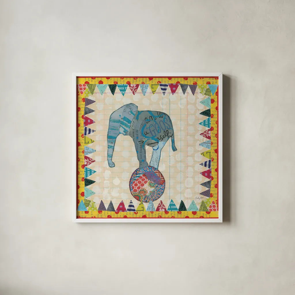 Circus Fun II by Courtney Prahl. Shown in a crisp white glass frame for a clean and minimalist style. Available as an archival giclee rolled canvas, fine art paper, or poster print. SKU 34066a.
