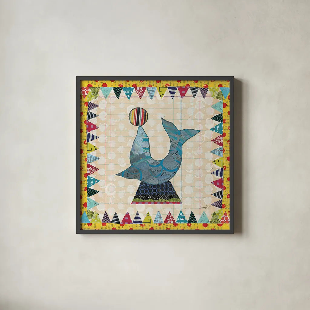 Circus Fun III by Courtney Prahl. Shown in a sleek black glass frame for a contemporary gallery look. Available as an archival giclee rolled canvas, fine art paper, or poster print. SKU 34067a.