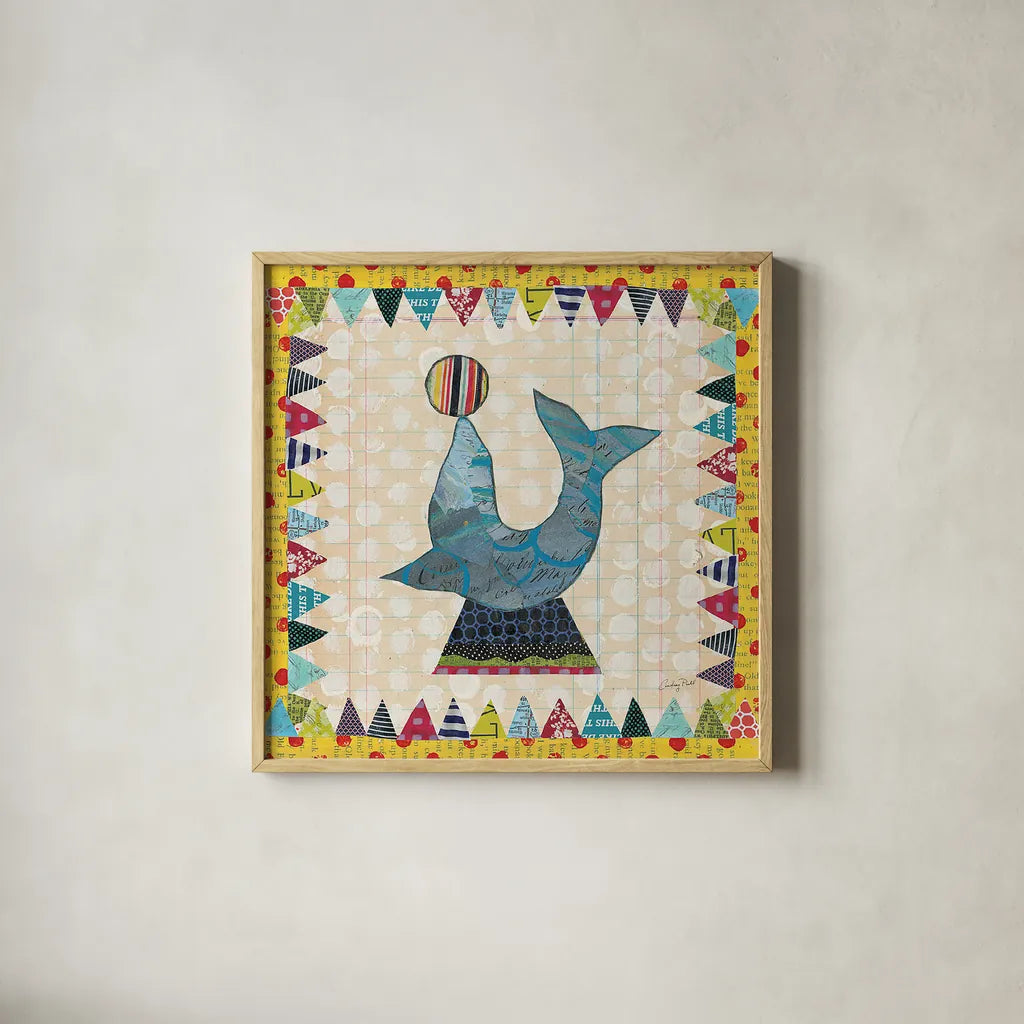 Circus Fun III by Courtney Prahl. Shown in a natural wood glass frame for a timeless modern aesthetic. Available as an archival giclee rolled canvas, fine art paper, or poster print. SKU 34067a.