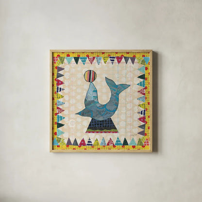 Circus Fun III by Courtney Prahl. Shown in a natural wood glass frame for a timeless modern aesthetic. Available as an archival giclee rolled canvas, fine art paper, or poster print. SKU 34067a.