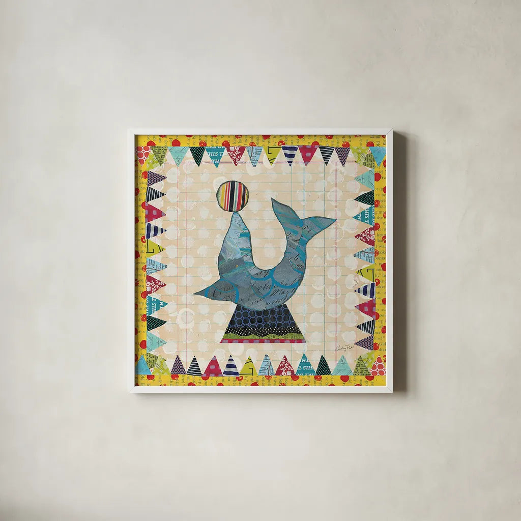 Circus Fun III by Courtney Prahl. Shown in a crisp white glass frame for a clean and minimalist style. Available as an archival giclee rolled canvas, fine art paper, or poster print. SKU 34067a.