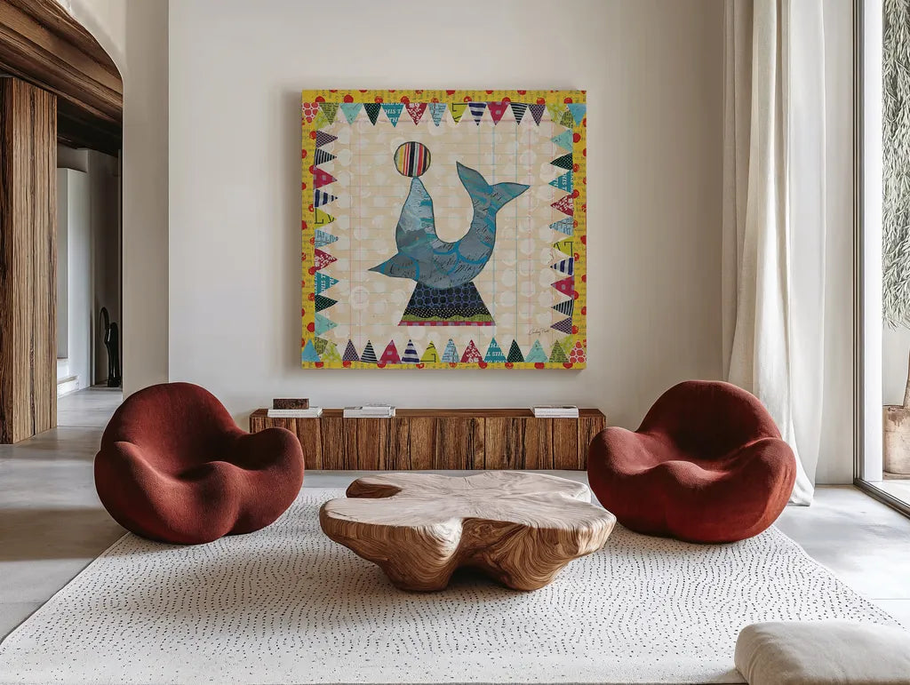 Circus Fun III by Courtney Prahl. Shown as extra-large giant wall art in a modern living room. Available as an archival giclee rolled canvas, fine art paper, or poster print. SKU 34067a.