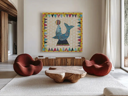 Circus Fun III by Courtney Prahl. Shown as extra-large giant wall art in a modern living room. Available as an archival giclee rolled canvas, fine art paper, or poster print. SKU 34067a.