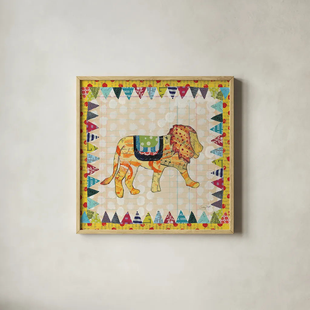 Circus Fun IV by Courtney Prahl. Shown in a natural wood glass frame for a timeless modern aesthetic. Available as an archival giclee rolled canvas, fine art paper, or poster print. SKU 34068a.