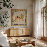 Circus Fun IV by Courtney Prahl. Shown in a natural wood frame in a cozy modern living room. Available as an archival giclee rolled canvas, fine art paper, or poster print. SKU 34068a.