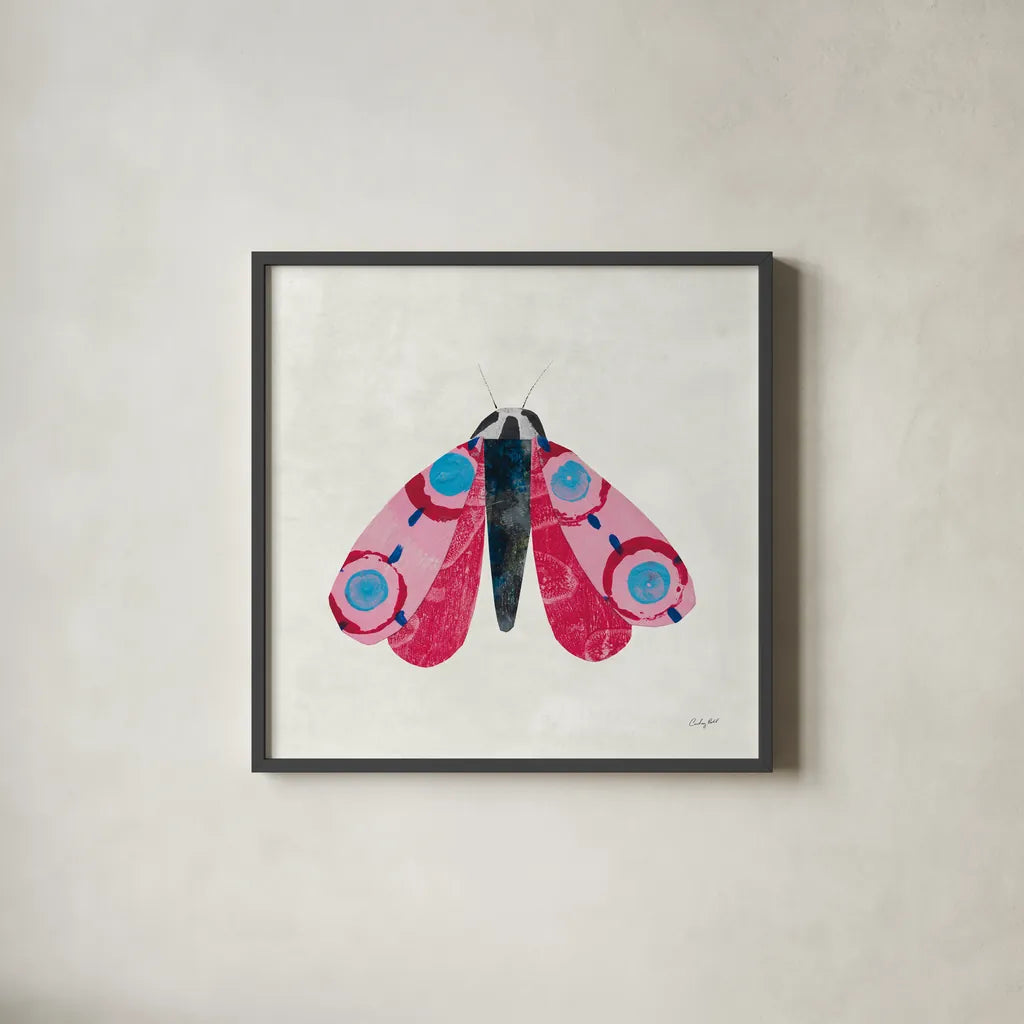 Collage Insects I by Courtney Prahl. Shown in a sleek black glass frame for a contemporary gallery look. Available as an archival giclee rolled canvas, fine art paper, or poster print. SKU 103026a.