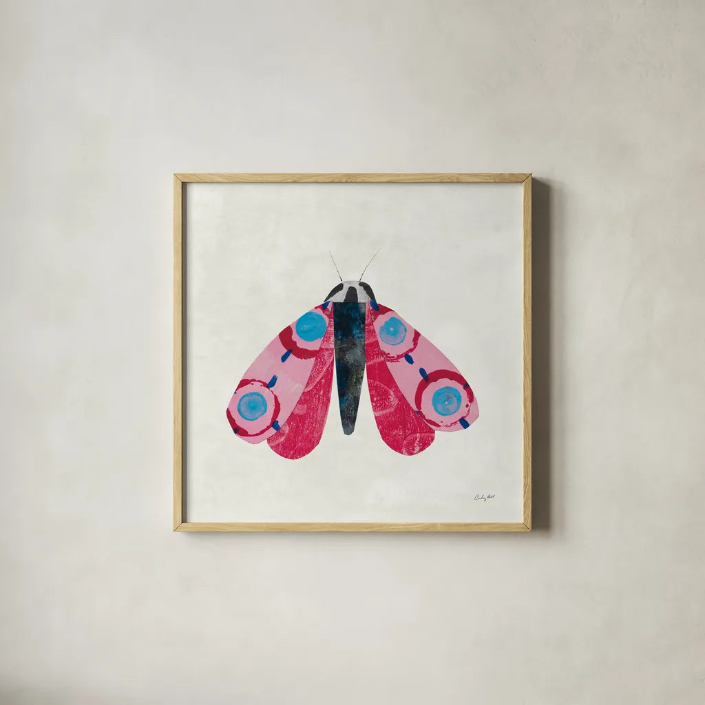 Collage Insects I by Courtney Prahl. Shown in a natural wood glass frame for a timeless modern aesthetic. Available as an archival giclee rolled canvas, fine art paper, or poster print. SKU 103026a.