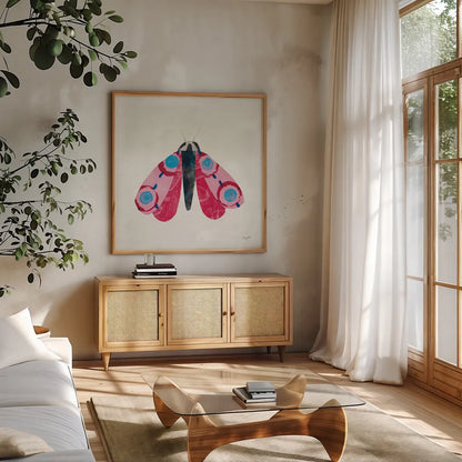 Collage Insects I by Courtney Prahl. Shown in a natural wood frame in a cozy modern living room. Available as an archival giclee rolled canvas, fine art paper, or poster print. SKU 103026a.