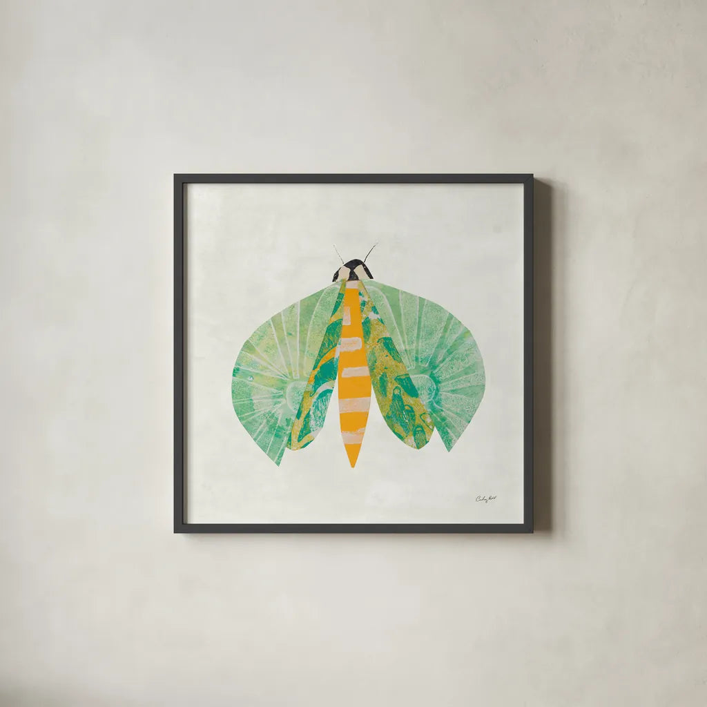 Collage Insects II by Courtney Prahl. Shown in a sleek black glass frame for a contemporary gallery look. Available as an archival giclee rolled canvas, fine art paper, or poster print. SKU 103027a.