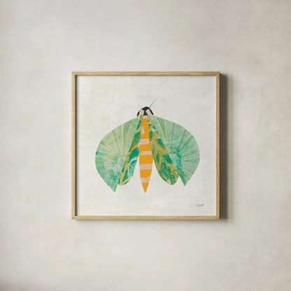 Collage Insects II by Courtney Prahl. Shown in a natural wood glass frame for a timeless modern aesthetic. Available as an archival giclee rolled canvas, fine art paper, or poster print. SKU 103027a.