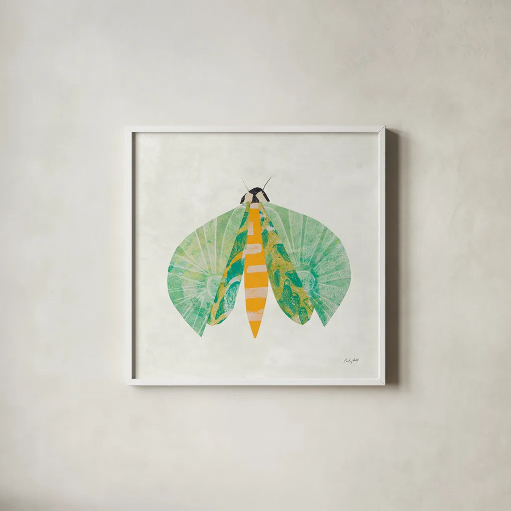 Collage Insects II by Courtney Prahl. Shown in a crisp white glass frame for a clean and minimalist style. Available as an archival giclee rolled canvas, fine art paper, or poster print. SKU 103027a.