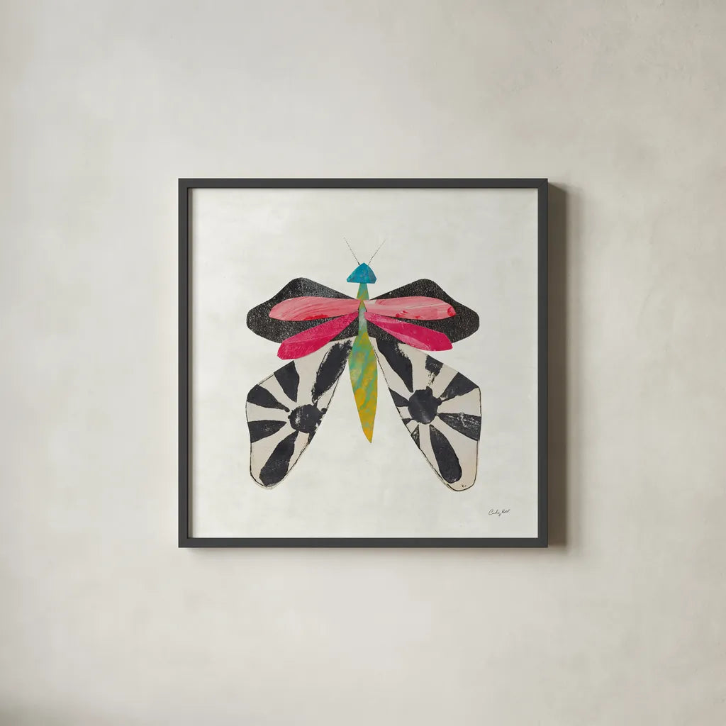 Collage Insects III by Courtney Prahl. Shown in a sleek black glass frame for a contemporary gallery look. Available as an archival giclee rolled canvas, fine art paper, or poster print. SKU 103028a.