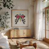 Collage Insects III by Courtney Prahl. Shown in a natural wood frame in a cozy modern living room. Available as an archival giclee rolled canvas, fine art paper, or poster print. SKU 103028a.