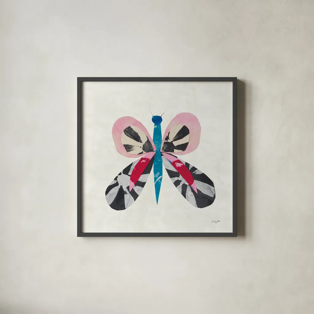 Collage Insects IV by Courtney Prahl. Shown in a sleek black glass frame for a contemporary gallery look. Available as an archival giclee rolled canvas, fine art paper, or poster print. SKU 103029a.