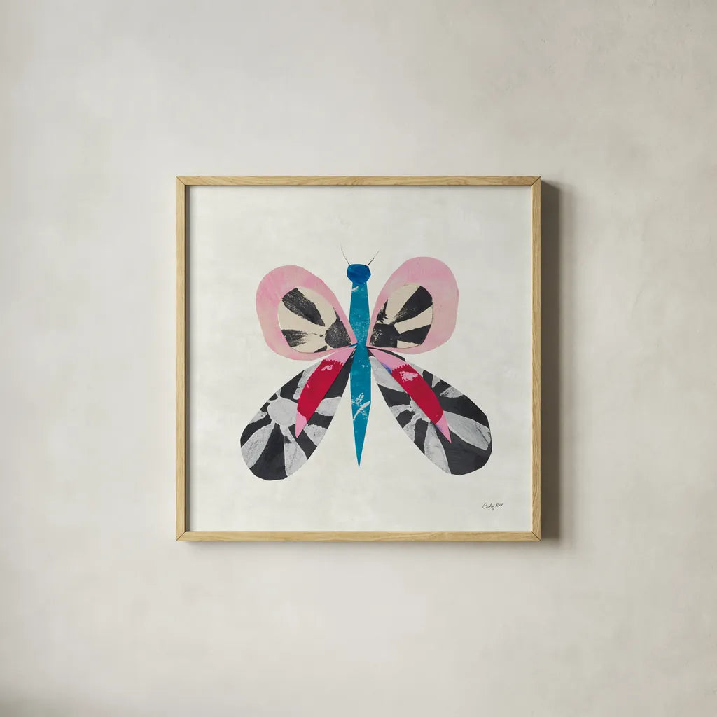 Collage Insects IV by Courtney Prahl. Shown in a natural wood glass frame for a timeless modern aesthetic. Available as an archival giclee rolled canvas, fine art paper, or poster print. SKU 103029a.
