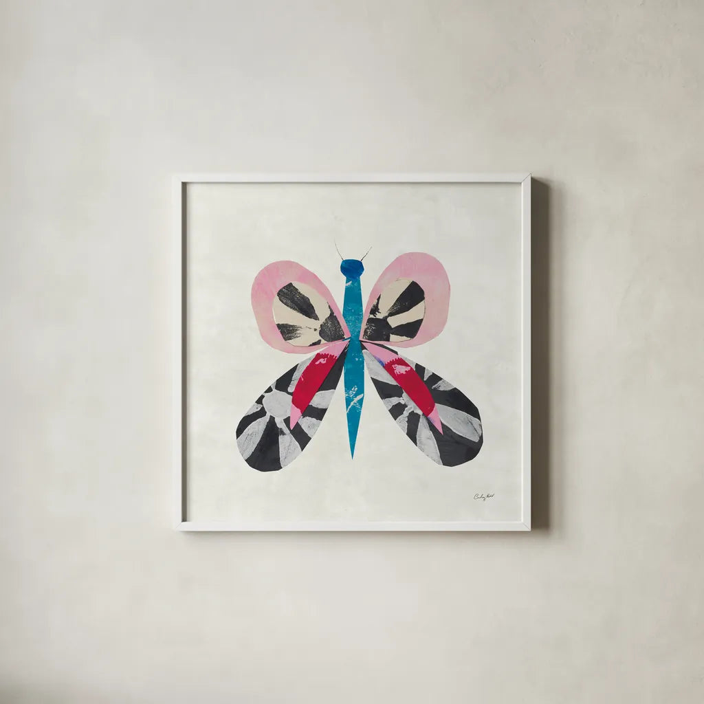 Collage Insects IV by Courtney Prahl. Shown in a crisp white glass frame for a clean and minimalist style. Available as an archival giclee rolled canvas, fine art paper, or poster print. SKU 103029a.