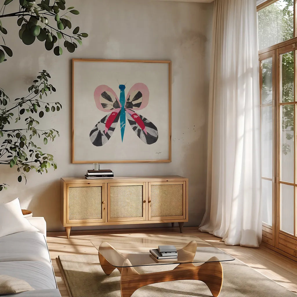 Collage Insects IV by Courtney Prahl. Shown in a natural wood frame in a cozy modern living room. Available as an archival giclee rolled canvas, fine art paper, or poster print. SKU 103029a.