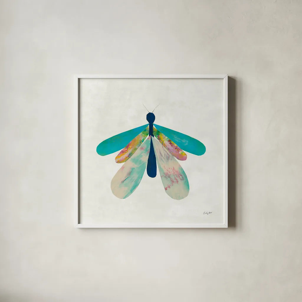 Collage Insects V by Courtney Prahl. Shown in a crisp white glass frame for a clean and minimalist style. Available as an archival giclee rolled canvas, fine art paper, or poster print. SKU 103030a.