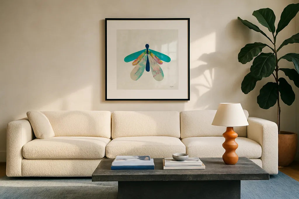 Collage Insects V by Courtney Prahl. Displayed in a glass frame with matte in a clean modern living room. Available as an archival giclee rolled canvas, fine art paper, or poster print. SKU 103030a.
