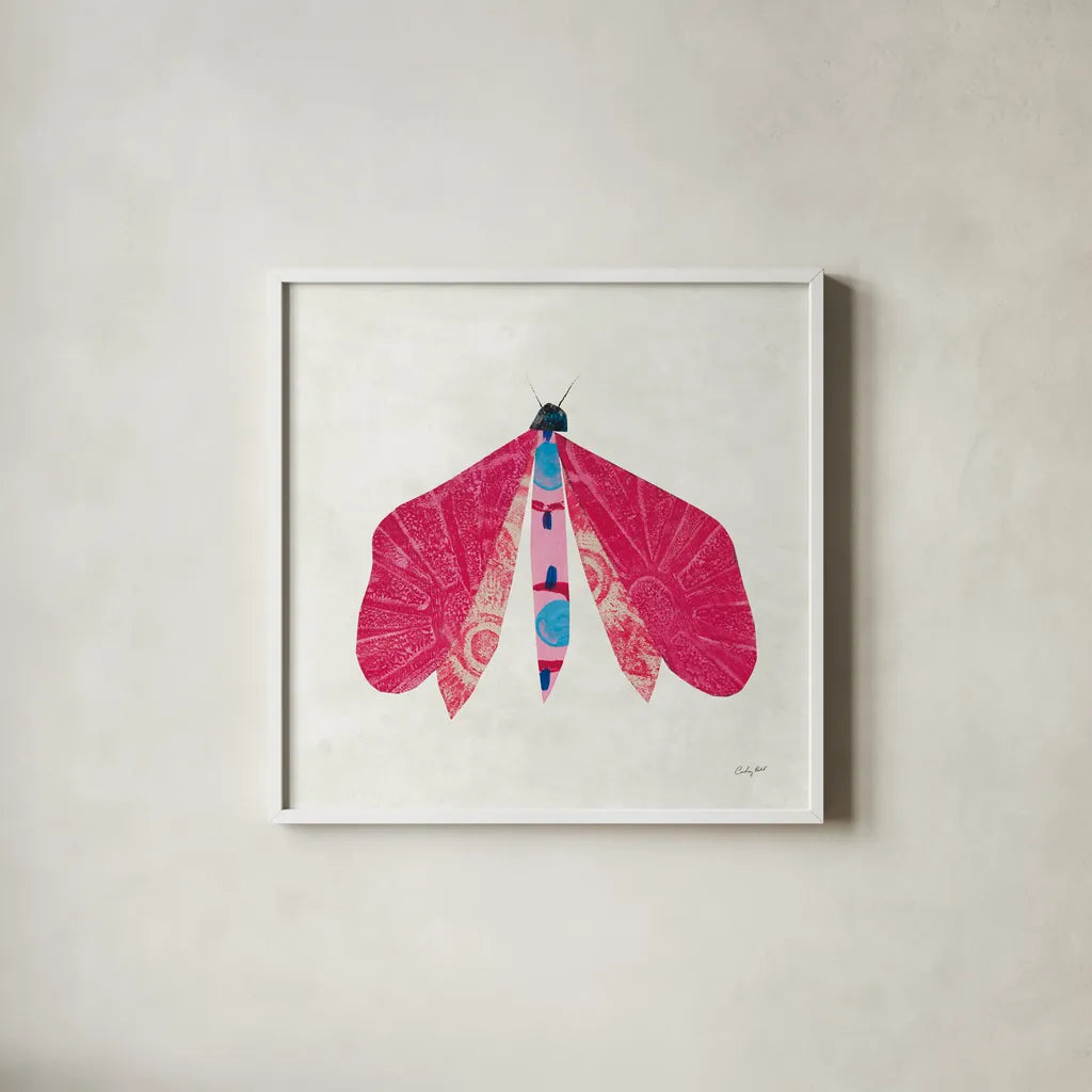 Collage Insects VI by Courtney Prahl. Shown in a crisp white glass frame for a clean and minimalist style. Available as an archival giclee rolled canvas, fine art paper, or poster print. SKU 103031a.