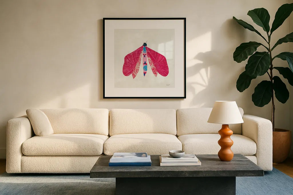 Collage Insects VI by Courtney Prahl. Displayed in a glass frame with matte in a clean modern living room. Available as an archival giclee rolled canvas, fine art paper, or poster print. SKU 103031a.
