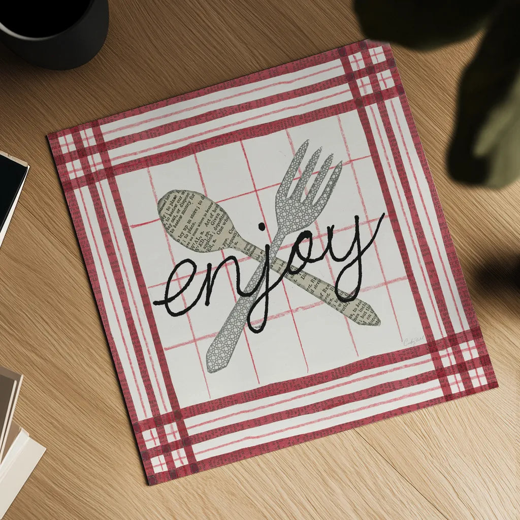 Cool Kitchen Enjoy by Courtney Prahl. Shown as a detailed flat fine art print, highlighting archival giclee quality. Available as an archival giclee rolled canvas, fine art paper, or poster print. SKU 56976a.