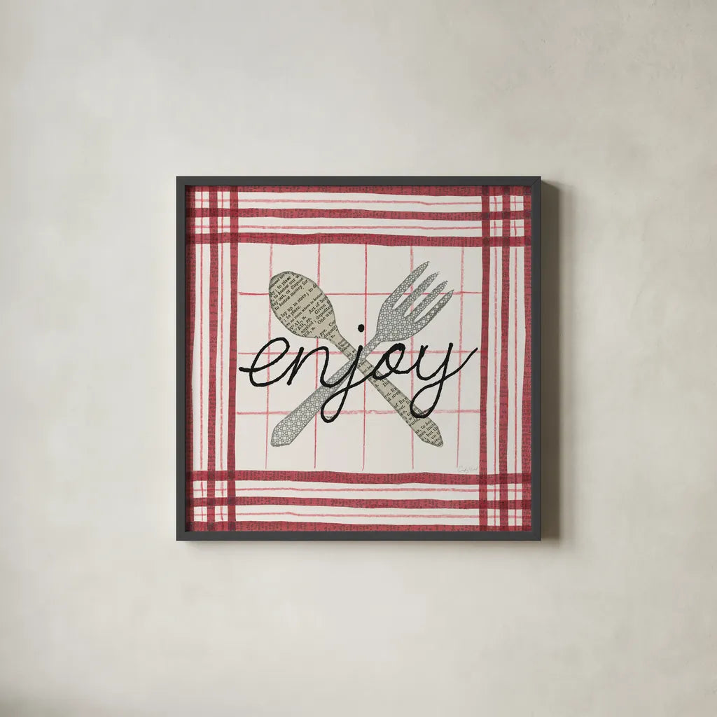Cool Kitchen Enjoy by Courtney Prahl. Shown in a sleek black glass frame for a contemporary gallery look. Available as an archival giclee rolled canvas, fine art paper, or poster print. SKU 56976a.