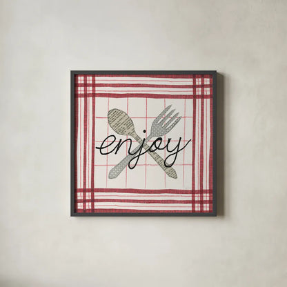 Cool Kitchen Enjoy by Courtney Prahl. Shown in a sleek black glass frame for a contemporary gallery look. Available as an archival giclee rolled canvas, fine art paper, or poster print. SKU 56976a.