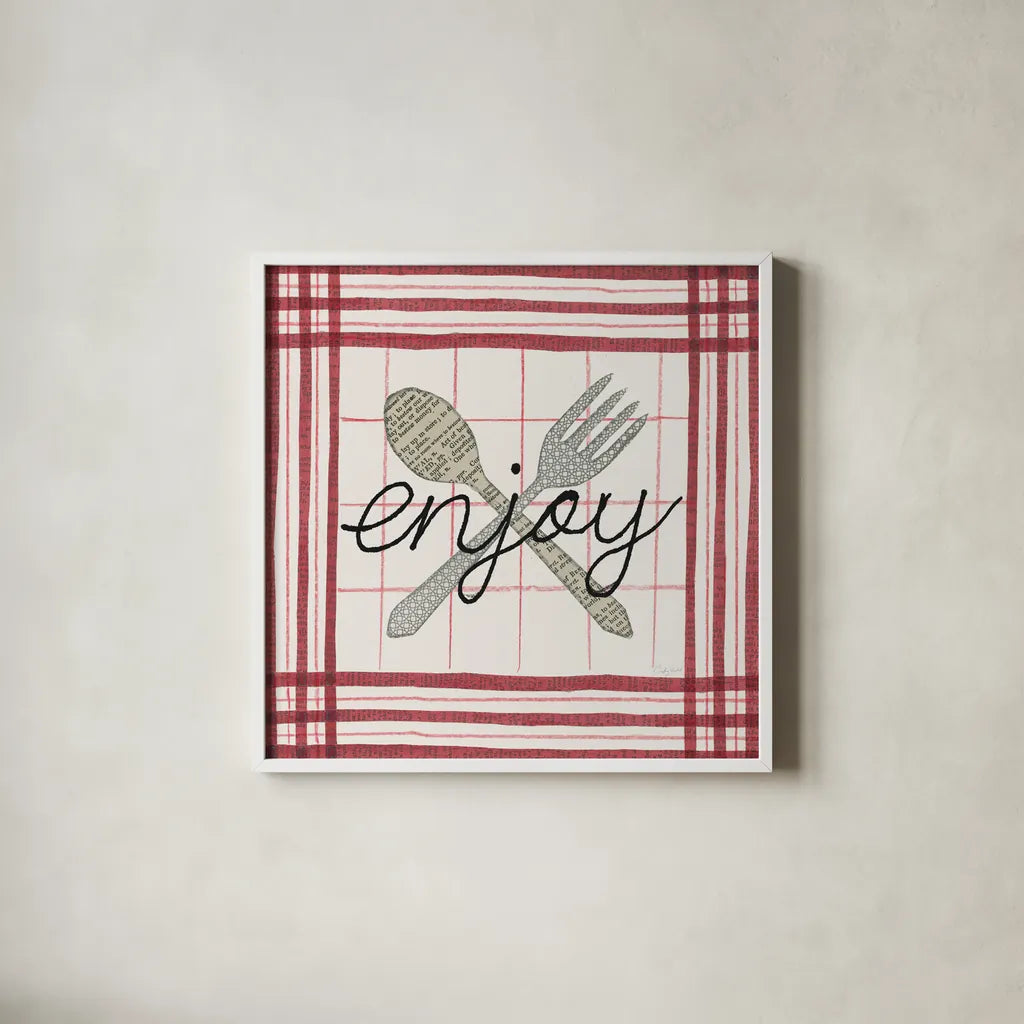 Cool Kitchen Enjoy by Courtney Prahl. Shown in a crisp white glass frame for a clean and minimalist style. Available as an archival giclee rolled canvas, fine art paper, or poster print. SKU 56976a.