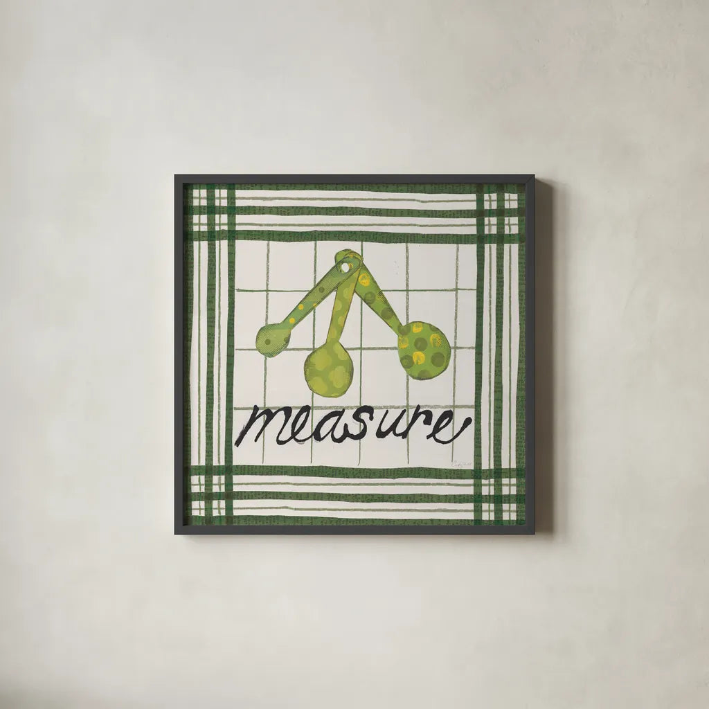 Cool Kitchen Measure by Courtney Prahl. Shown in a sleek black glass frame for a contemporary gallery look. Available as an archival giclee rolled canvas, fine art paper, or poster print. SKU 56978a.