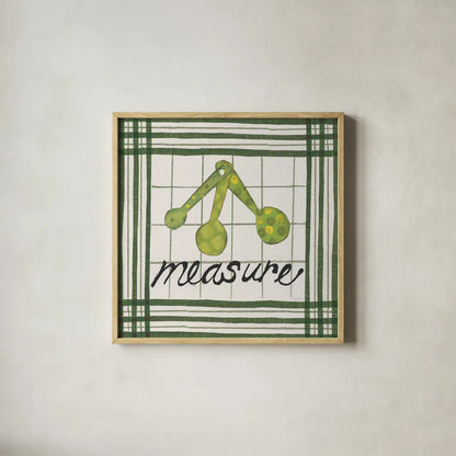 Cool Kitchen Measure by Courtney Prahl. Shown in a natural wood glass frame for a timeless modern aesthetic. Available as an archival giclee rolled canvas, fine art paper, or poster print. SKU 56978a.
