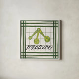 Cool Kitchen Measure by Courtney Prahl. Shown in a crisp white glass frame for a clean and minimalist style. Available as an archival giclee rolled canvas, fine art paper, or poster print. SKU 56978a.