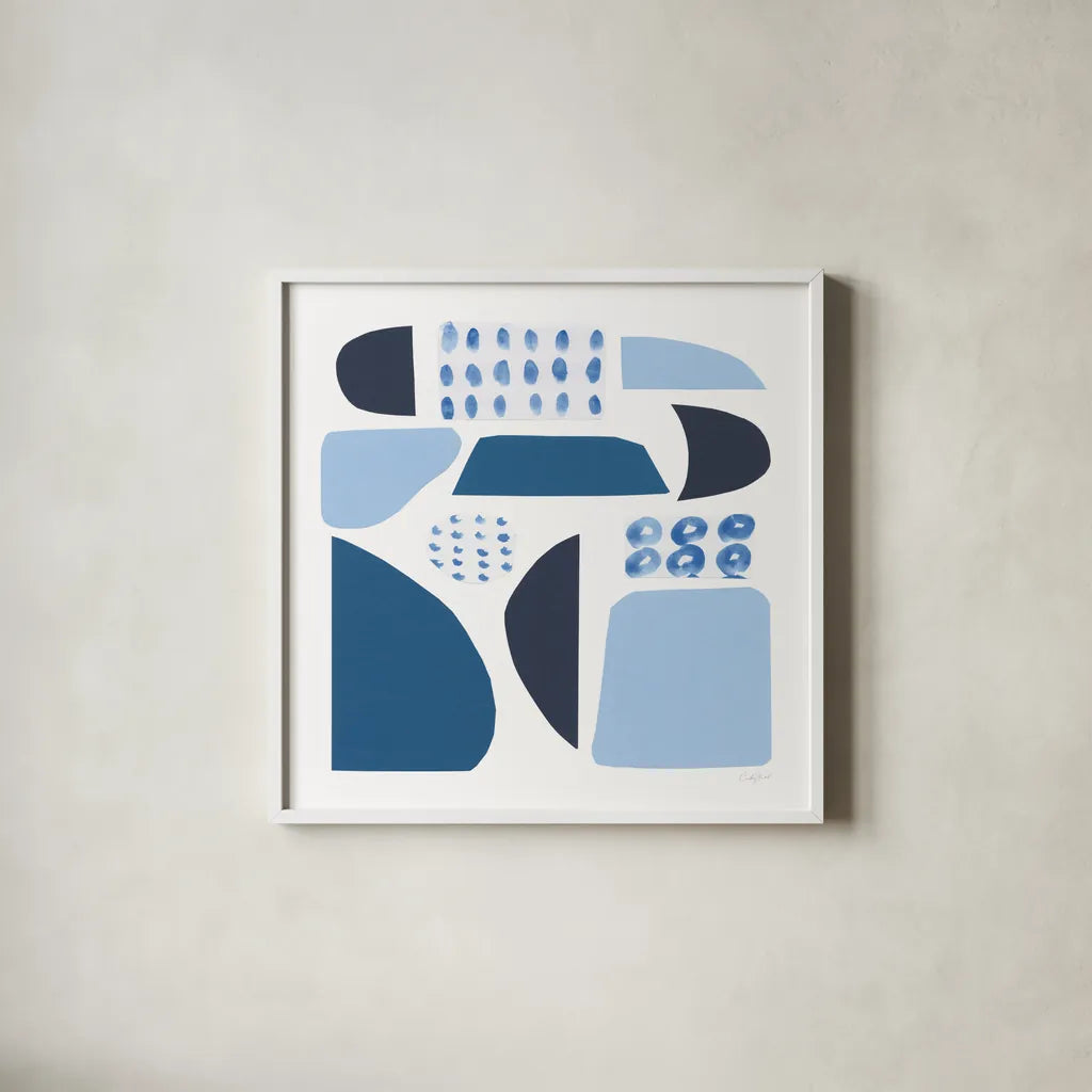 Cozy Cottage II Sq by Courtney Prahl. Shown in a crisp white glass frame for a clean and minimalist style. Available as an archival giclee rolled canvas, fine art paper, or poster print. SKU 67310a.