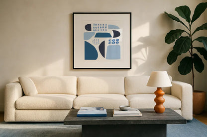 Cozy Cottage II Sq by Courtney Prahl. Displayed in a glass frame with matte in a clean modern living room. Available as an archival giclee rolled canvas, fine art paper, or poster print. SKU 67310a.