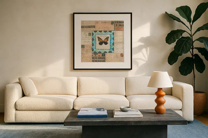 Discover Butterfly by Courtney Prahl. Displayed in a glass frame with matte in a clean modern living room. Available as an archival giclee rolled canvas, fine art paper, or poster print. SKU 52369a.