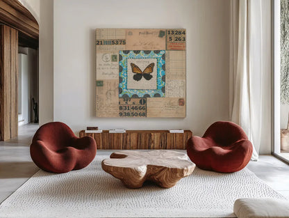 Discover Butterfly by Courtney Prahl. Shown as extra-large giant wall art in a modern living room. Available as an archival giclee rolled canvas, fine art paper, or poster print. SKU 52369a.