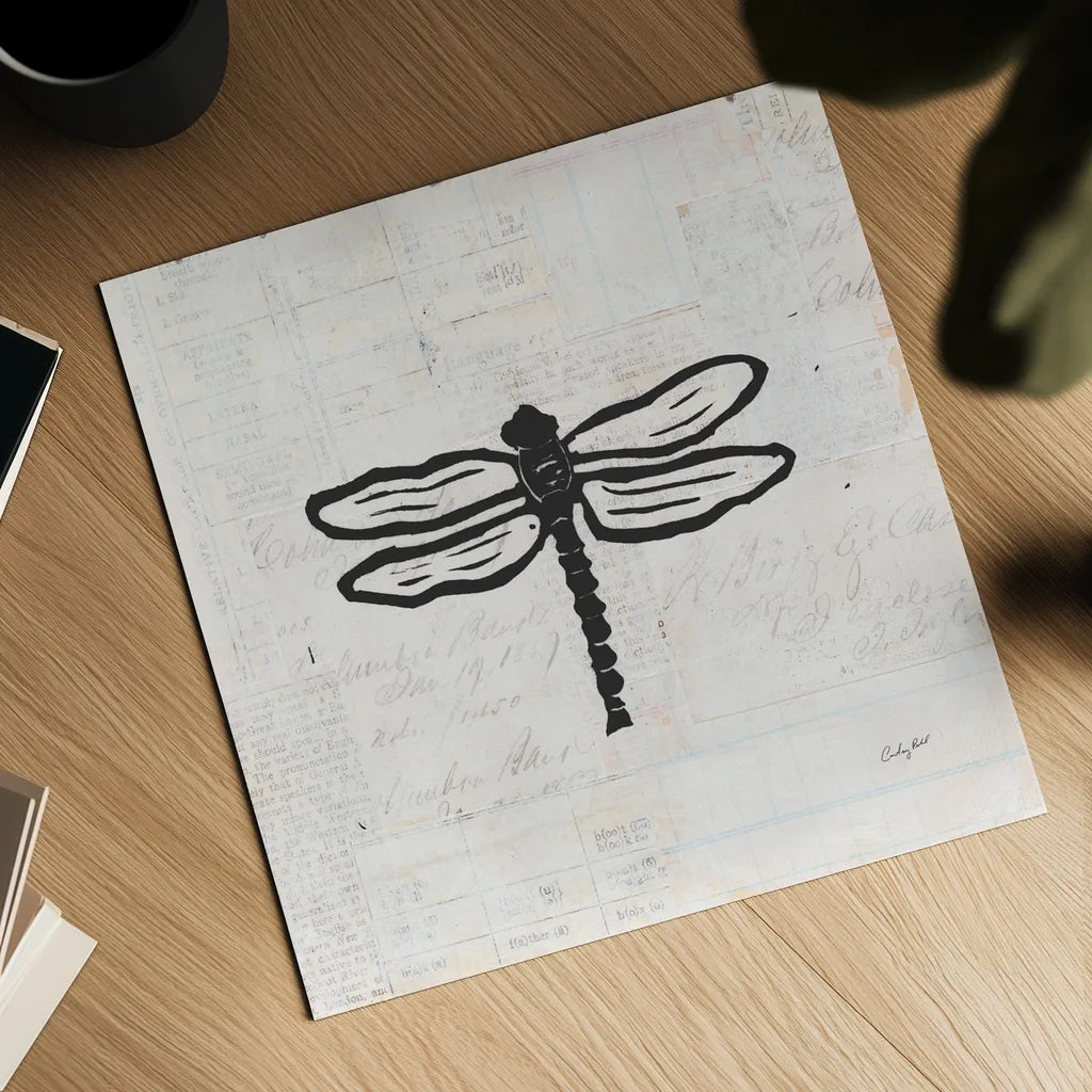 Dragonfly Stamp BW by Courtney Prahl. Shown as a detailed flat fine art print, highlighting archival giclee quality. Available as an archival giclee rolled canvas, fine art paper, or poster print. SKU 54280a.