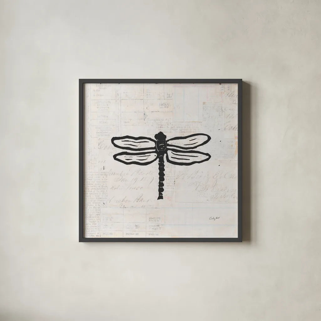 Dragonfly Stamp BW by Courtney Prahl. Shown in a sleek black glass frame for a contemporary gallery look. Available as an archival giclee rolled canvas, fine art paper, or poster print. SKU 54280a.