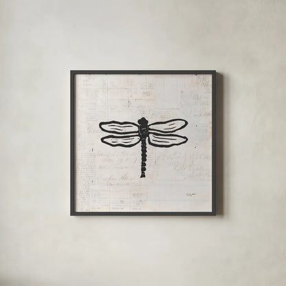 Dragonfly Stamp BW by Courtney Prahl. Shown in a sleek black glass frame for a contemporary gallery look. Available as an archival giclee rolled canvas, fine art paper, or poster print. SKU 54280a.