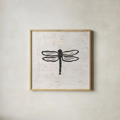 Dragonfly Stamp BW by Courtney Prahl. Shown in a natural wood glass frame for a timeless modern aesthetic. Available as an archival giclee rolled canvas, fine art paper, or poster print. SKU 54280a.