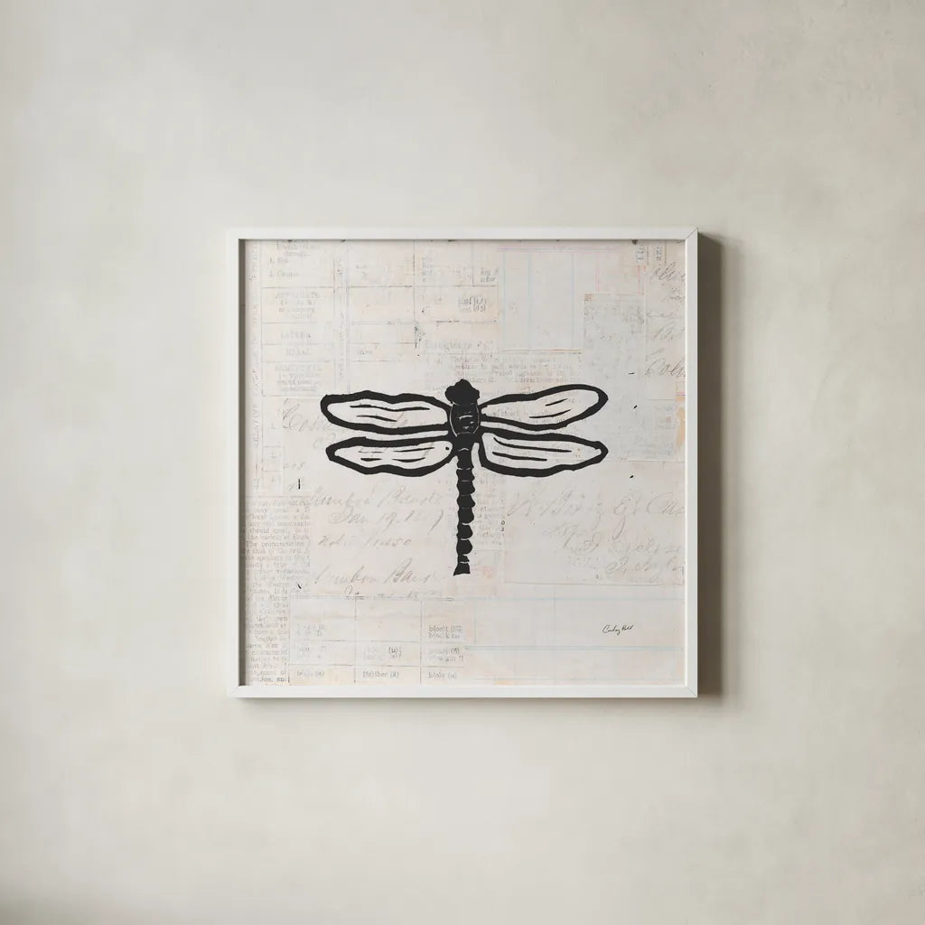 Dragonfly Stamp BW by Courtney Prahl. Shown in a crisp white glass frame for a clean and minimalist style. Available as an archival giclee rolled canvas, fine art paper, or poster print. SKU 54280a.