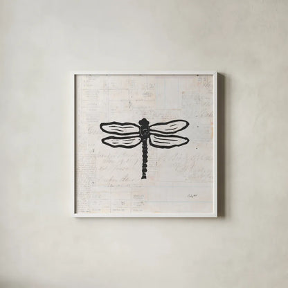 Dragonfly Stamp BW by Courtney Prahl. Shown in a crisp white glass frame for a clean and minimalist style. Available as an archival giclee rolled canvas, fine art paper, or poster print. SKU 54280a.