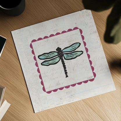 Dragonfly Stamp Bright by Courtney Prahl. Shown as a detailed flat fine art print, highlighting archival giclee quality. Available as an archival giclee rolled canvas, fine art paper, or poster print. SKU 42870a.