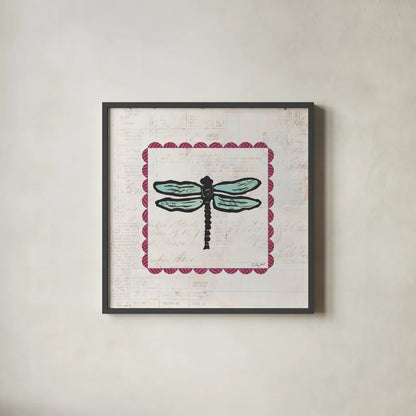 Dragonfly Stamp Bright by Courtney Prahl. Shown in a sleek black glass frame for a contemporary gallery look. Available as an archival giclee rolled canvas, fine art paper, or poster print. SKU 42870a.
