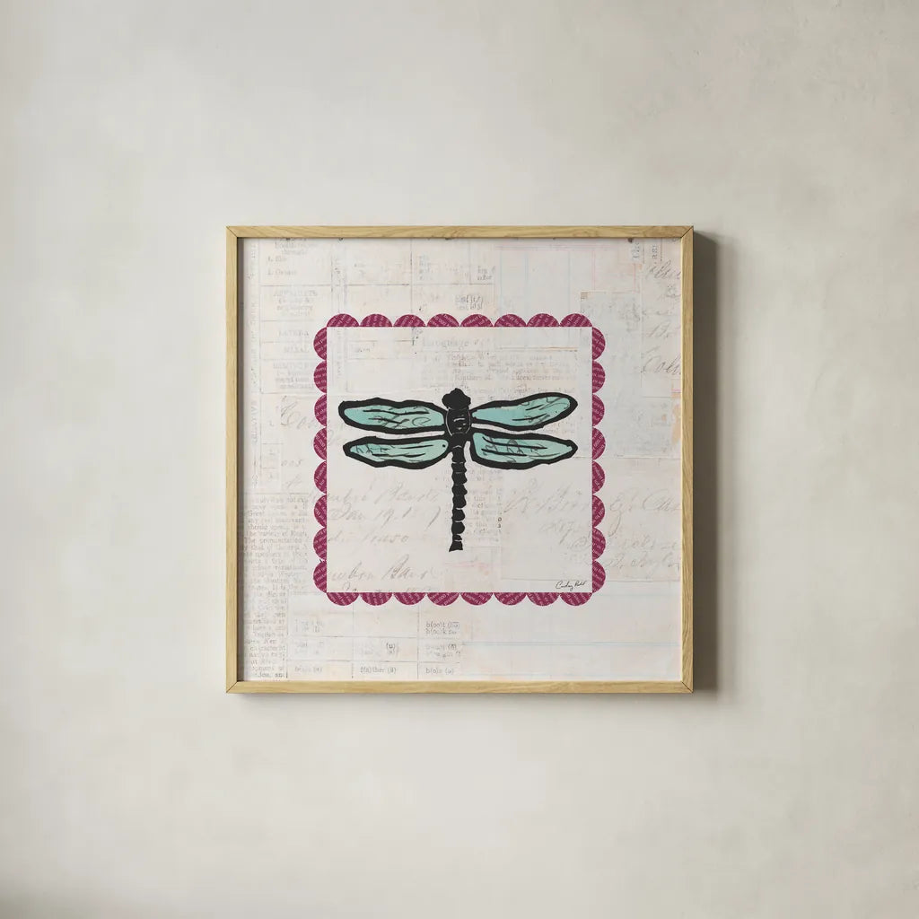Dragonfly Stamp Bright by Courtney Prahl. Shown in a natural wood glass frame for a timeless modern aesthetic. Available as an archival giclee rolled canvas, fine art paper, or poster print. SKU 42870a.