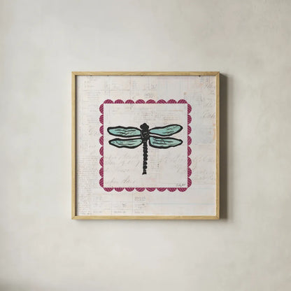 Dragonfly Stamp Bright by Courtney Prahl. Shown in a natural wood glass frame for a timeless modern aesthetic. Available as an archival giclee rolled canvas, fine art paper, or poster print. SKU 42870a.