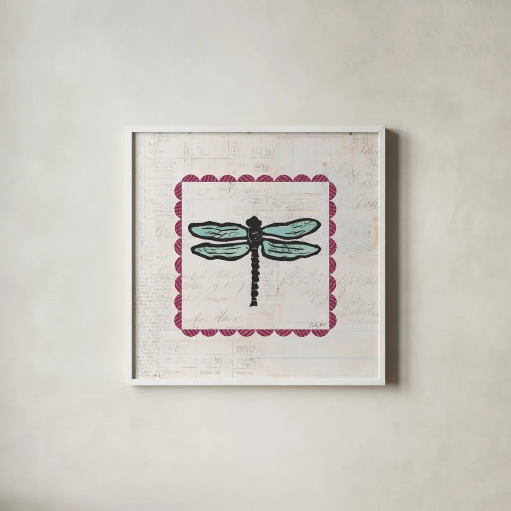Dragonfly Stamp Bright by Courtney Prahl. Shown in a crisp white glass frame for a clean and minimalist style. Available as an archival giclee rolled canvas, fine art paper, or poster print. SKU 42870a.